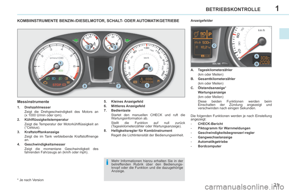 Peugeot 308 CC 2014 Betriebsanleitung (in German) 1
i
21
BETRIEBSKONTROLLE
308cc_de_Chap01_controle de marche_ed01-2013_CA
KOMBIINSTRUMENTE BENZIN-/DIESELMOTOR, SCHALT- ODER AUTOMATIKGETRIEBE
5. Kleines Anzeigefeld
6. Mi Peugeot 308 CC 2014 Betriebsanleitung (in German) 1
i
21
BETRIEBSKONTROLLE
308cc_de_Chap01_controle de marche_ed01-2013_CA
KOMBIINSTRUMENTE BENZIN-/DIESELMOTOR, SCHALT- ODER AUTOMATIKGETRIEBE
5. Kleines Anzeigefeld
6. Mi
