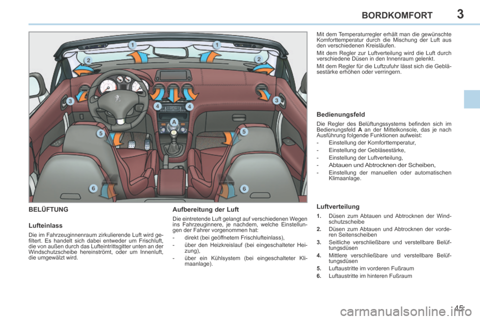Peugeot 308 CC 2014 Betriebsanleitung (in German) 3
45
BORDKOMFORT
308cc_de_Chap03_confort_ed01-2013_CA
BELÜFTUNG Aufbereitung der Luft
Die eintretende Luft gelangt auf verschiedenen Wegen
ins Fahrzeuginnere, je nachdem, welche Einstellun-
ge Peugeot 308 CC 2014 Betriebsanleitung (in German) 3
45
BORDKOMFORT
308cc_de_Chap03_confort_ed01-2013_CA
BELÜFTUNG Aufbereitung der Luft
Die eintretende Luft gelangt auf verschiedenen Wegen
ins Fahrzeuginnere, je nachdem, welche Einstellun-
ge