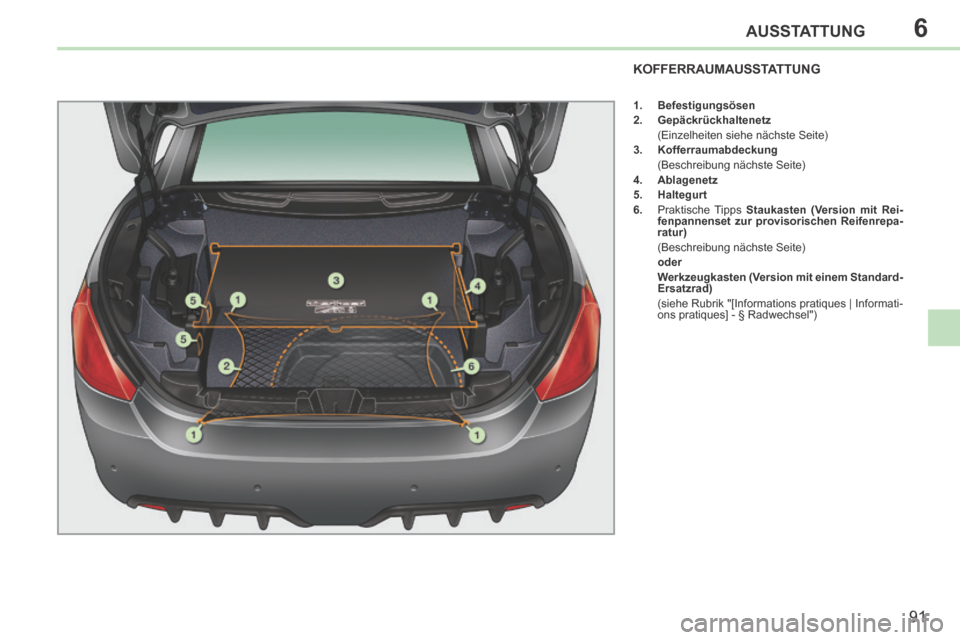 Peugeot 308 CC 2014  Betriebsanleitung (in German) 6
91
AUSSTATTUNG
KOFFERRAUMAUSSTATTUNG 
   1.    Befestigungsösen  
  2.    Gepäckrückhaltenetz     
  (Einzelheiten siehe nächste Seite) 
  3.    Kofferraumabdeckung     
  (Beschreibung nächste
