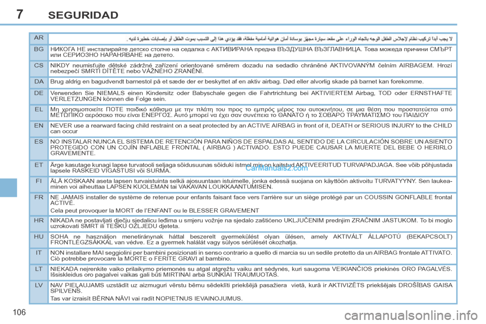 Peugeot 308 CC 2014  Manual del propietario (in Spanish) 7
AR
BG
НИКОГА НЕ инсталирайте детско столче на седалка с АКТИВИРАНА предна ВЪЗДУШНА ВЪЗГЛАВНИЦА. Това можеда п