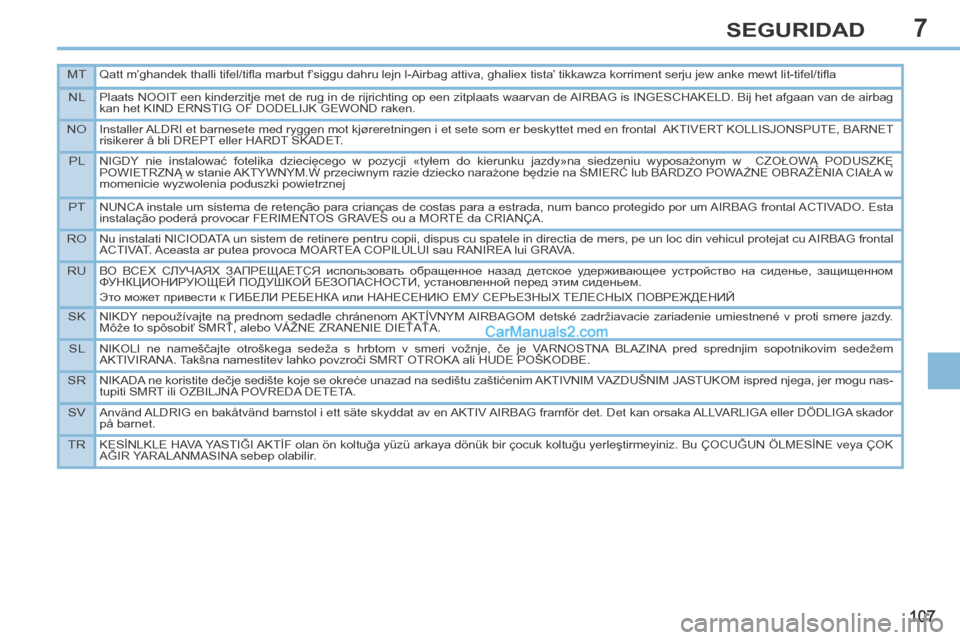 Peugeot 308 CC 2014  Manual del propietario (in Spanish) 7
MTQatt m’ghandek thalli tifel/tiﬂ a marbut f’siggu dahru lejn l-Airbag attiva, ghaliex tista’ tikkawza korriment serju jew anke mewt lit-tifel/tiﬂ a
NLPlaats NOOIT een kinderzitje met de r
