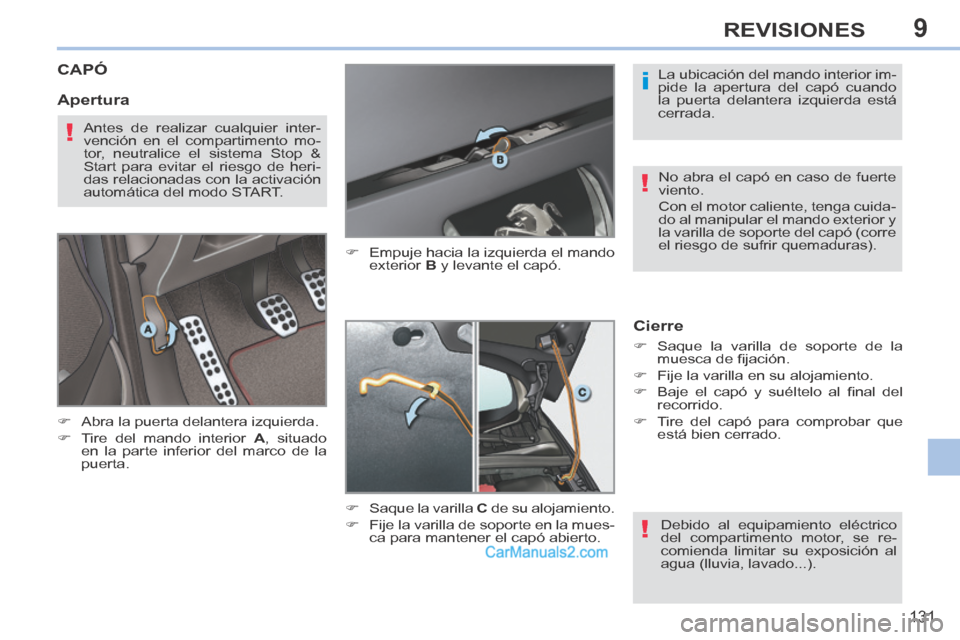 Peugeot 308 CC 2014  Manual del propietario (in Spanish) 9
i
!
!
!
131
REVISIONES
CAPÓ 
      Abra la puerta delantera izquierda. 
     Tire del mando interior  A ,  situado 
en la parte inferior del marco de la 
puerta.       Empuje hacia la izqu