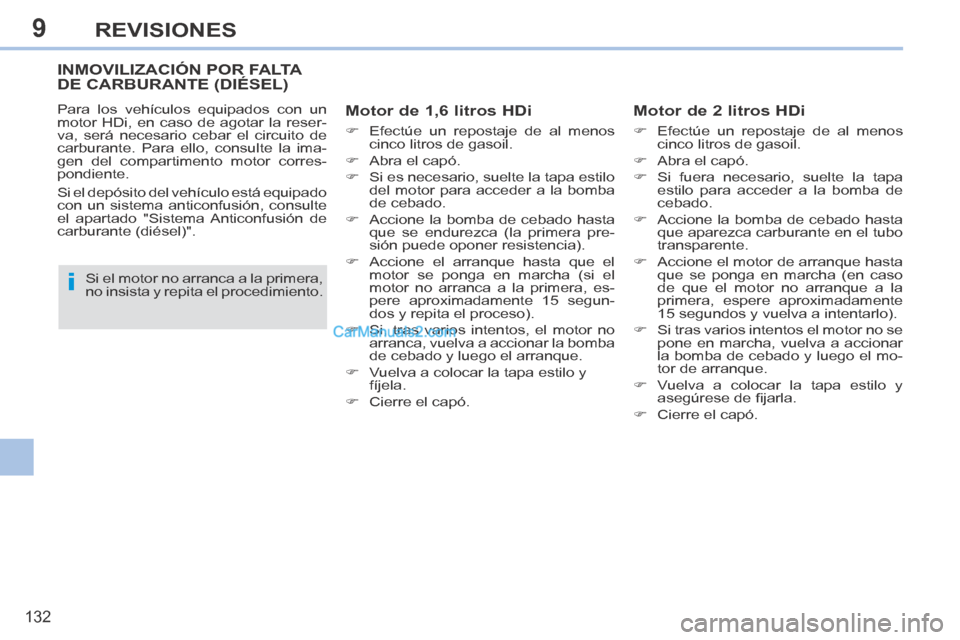 Peugeot 308 CC 2014  Manual del propietario (in Spanish) 9
i
132
REVISIONES
INMOVILIZACIÓN POR FALTA DE CARBURANTE (DIÉSEL)  
  Motor de 1,6 litros HDi 
      Efectúe un repostaje de al menos cinco litros de gasoil. 
     Abra el capó. 
     Si
