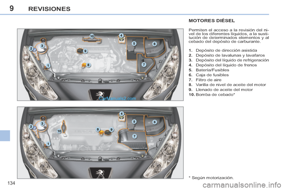 Peugeot 308 CC 2014  Manual del propietario (in Spanish) 9
134
REVISIONES
MOTORES DIÉSEL 
 Permiten el acceso a la revisión del ni-
vel de los diferentes líquidos, a la susti-
tución de determinados elementos y al 
cebado del depósito de carburante. 
 