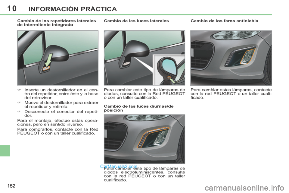 Peugeot 308 CC 2014  Manual del propietario (in Spanish) 10
152
INFORMACIÓN PRÁCTICA
        
Cambio de los faros antiniebla 
 Para cambiar estas lámparas, contacte 
con la red PEUGEOT o un taller cuali-
ﬁ cado.   
         Cambio de las luces laterale