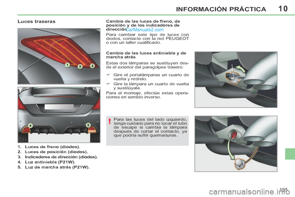 Peugeot 308 CC 2014  Manual del propietario (in Spanish) 10
!
153
INFORMACIÓN PRÁCTICA
                                  Luces traseras 
   1.    Luces de freno (diodos).  
  2.    Luces de posición (diodos).  
  3.    Indicadores de dirección (diodos).