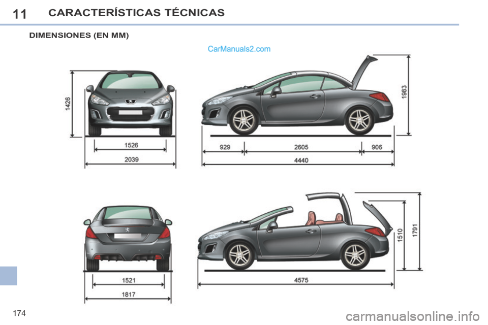 Peugeot 308 CC 2014  Manual del propietario (in Spanish) 11
174
CARACTERÍSTICAS TÉCNICAS
DIMENSIONES (EN MM)   