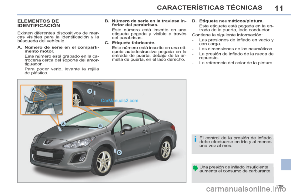 Peugeot 308 CC 2014  Manual del propietario (in Spanish) 11
i
175
CARACTERÍSTICAS TÉCNICAS
ELEMENTOS DE IDENTIFICACIÓN 
 Existen diferentes dispositivos de mar-
cas  visibles  para  la  identiﬁ cación  y  la 
búsqueda del vehículo.   Una presión de