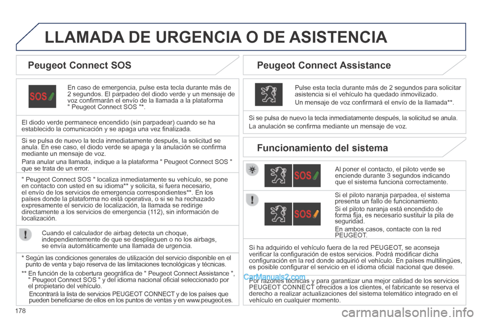 Peugeot 308 CC 2014  Manual del propietario (in Spanish) 178
LLAMADA DE URGENCIA O DE ASISTENCIA  
  En caso de emergencia, pulse esta tecla durante más de 2 segundos. El parpadeo del diodo verde y un mensaje de voz conﬁ rmarán el envío de la llamada a