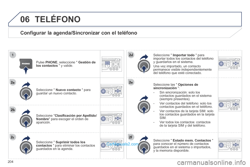 Peugeot 308 CC 2014  Manual del propietario (in Spanish) 06
204
 TELÉFONO 
  Configurar la agenda/Sincronizar con el teléfono 
  Pulse   PHONE , seleccione "  Gestión de los contactos  " y valide.  
  Seleccione  "   Nuevo contacto  " para guardar un nue
