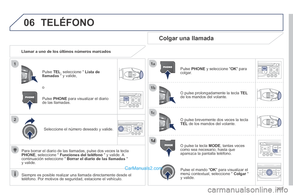 Peugeot 308 CC 2014  Manual del propietario (in Spanish) 06
207
 TELÉFONO 
   Llamar a uno de los últimos números marcados  
  Pulse   TEL , seleccione "  Lista de llamadas  " y valide, 
  Seleccione el número deseado y valide.  
  Para borrar el diario