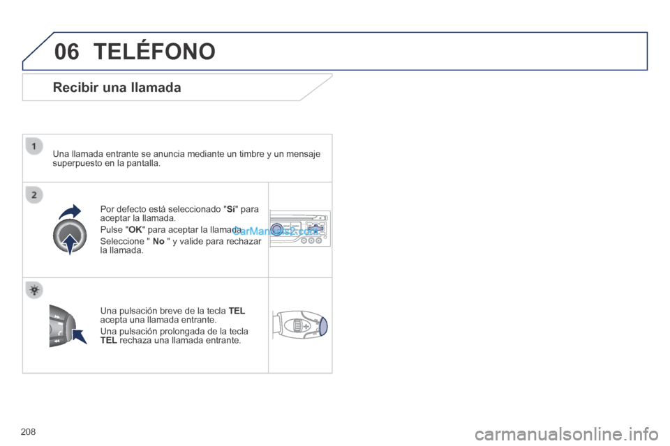 Peugeot 308 CC 2014  Manual del propietario (in Spanish) 06
208
 TELÉFONO 
  Recibir  una  llamada 
  Una llamada entrante se anuncia mediante un timbre y un mensaje superpuesto en la pantalla.  
  Por defecto está seleccionado "Sí" para aceptar la llama