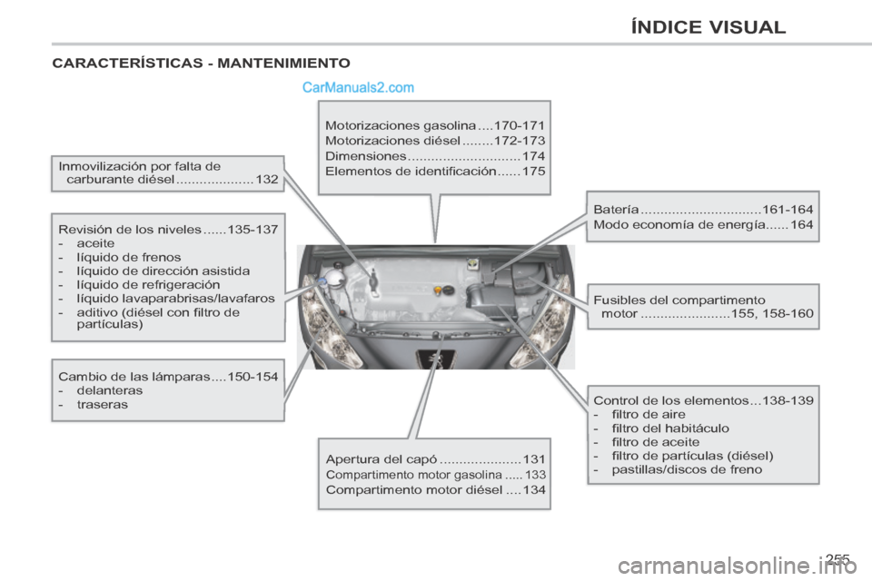 Peugeot 308 CC 2014  Manual del propietario (in Spanish) 255
ÍNDICE VISUAL
 CARACTERÍSTICAS  -  MANTENIMIENTO  
  Inmovilización por falta de carburante diésel .................... 132  
  Revisión de los niveles ...... 135-137 
   -   aceite 
  -   l