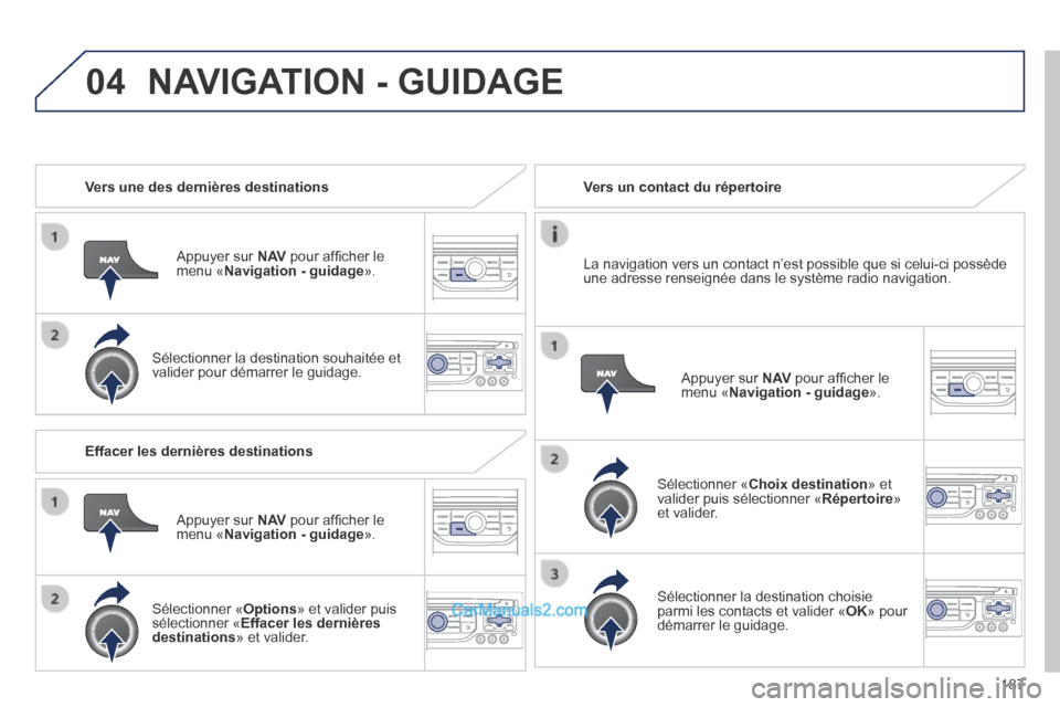 Peugeot 308 CC 2014  Manuel du propriétaire (in French) 04
187
   Vers  une  des  dernières  destinations  
  Appuyer  sur   N AV  pour afﬁ cher le menu « Navigation - guidage ».  
  Sélectionner la destination souhaitée et valider pour démarrer le