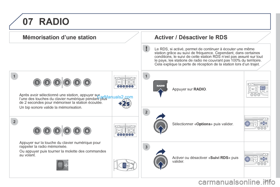 Peugeot 308 CC 2014  Manuel du propriétaire (in French) 07
213
  Appuyer sur la touche du clavier numérique pour rappeler la radio mémorisée. 
 Ou appuyer puis tourner la molette des commandes au  volant.   
  Mémorisation  d’une  station 
  Après a