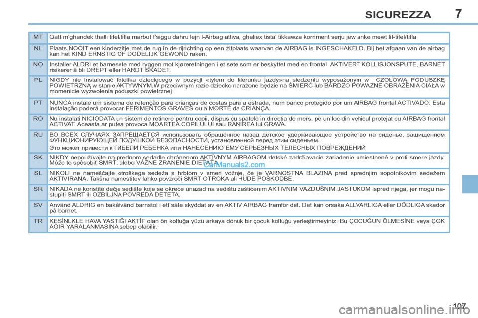 Peugeot 308 CC 2014 Manuale del proprietario (in Italian) 7
MTQatt m’ghandek thalli tifel/tifl a marbut f’siggu dahru lejn l-Airbag attiva, ghaliex tista’ tikkawza korriment serju jew anke mewt lit-tifel/tifl a
NLPlaats NOOIT een kinderzitje met de r Peugeot 308 CC 2014 Manuale del proprietario (in Italian) 7
MTQatt m’ghandek thalli tifel/tifl a marbut f’siggu dahru lejn l-Airbag attiva, ghaliex tista’ tikkawza korriment serju jew anke mewt lit-tifel/tifl a
NLPlaats NOOIT een kinderzitje met de r