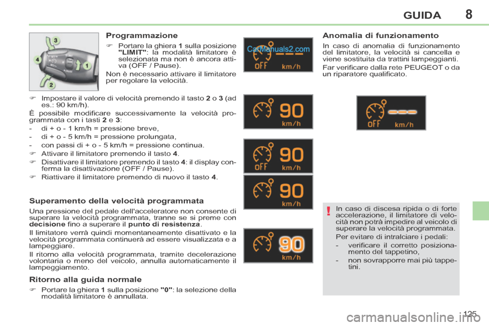 Peugeot 308 CC 2014 Manuale del proprietario (in Italian) 8
!
125
GUIDA
Programmazione
Portare la ghiera 1 sulla posizione
"LIMIT" : la modalità limitatore è
selezionata ma non è ancora atti-
va (OFF / Pause).
Non è necessario atti Peugeot 308 CC 2014 Manuale del proprietario (in Italian) 8
!
125
GUIDA
Programmazione
Portare la ghiera 1 sulla posizione
"LIMIT" : la modalità limitatore è
selezionata ma non è ancora atti-
va (OFF / Pause).
Non è necessario atti