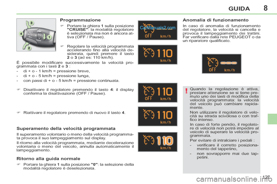 Peugeot 308 CC 2014 Manuale del proprietario (in Italian) 8
!
127
GUIDA
Quando la regolazione è attiva,
prestare attenzione se si tiene pre-
muto uno dei tasti di modifi ca della
velocità programmata: la velocità
del veicolo può cambiare rapida-
men Peugeot 308 CC 2014 Manuale del proprietario (in Italian) 8
!
127
GUIDA
Quando la regolazione è attiva,
prestare attenzione se si tiene pre-
muto uno dei tasti di modifi ca della
velocità programmata: la velocità
del veicolo può cambiare rapida-
men