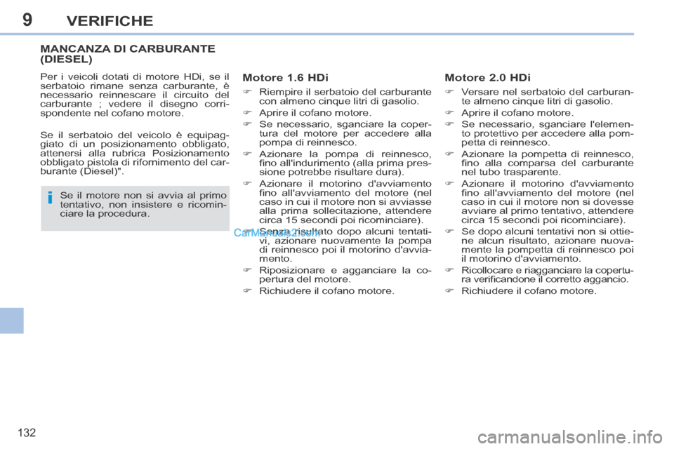 Peugeot 308 CC 2014 Manuale del proprietario (in Italian) 9
i
132
VERIFICHE
MANCANZA DI CARBURANTE (DIESEL)
Motore 1.6 HDi
Riempire il serbatoio del carburante con almeno cinque litri di gasolio.
Aprire il cofano motore.
Se Peugeot 308 CC 2014 Manuale del proprietario (in Italian) 9
i
132
VERIFICHE
MANCANZA DI CARBURANTE (DIESEL)
Motore 1.6 HDi
Riempire il serbatoio del carburante con almeno cinque litri di gasolio.
Aprire il cofano motore.
Se