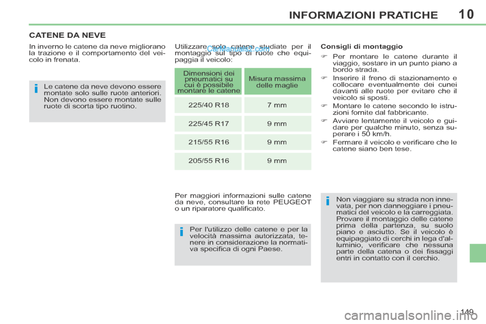 Peugeot 308 CC 2014 Manuale del proprietario (in Italian) 10
i
i
i
149
INFORMAZIONI PRATICHE
CATENE DA NEVE
In inverno le catene da neve migliorano
la trazione e il comportamento del vei-
colo in frenata. Le catene da neve devono essere
montate solo s Peugeot 308 CC 2014 Manuale del proprietario (in Italian) 10
i
i
i
149
INFORMAZIONI PRATICHE
CATENE DA NEVE
In inverno le catene da neve migliorano
la trazione e il comportamento del vei-
colo in frenata. Le catene da neve devono essere
montate solo s
