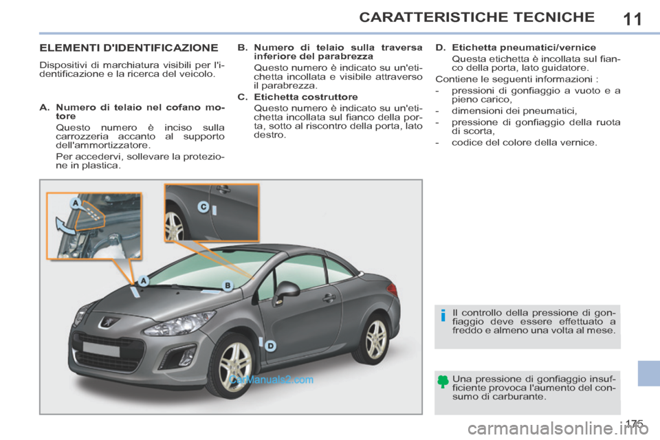 Peugeot 308 CC 2014 Manuale del proprietario (in Italian) 11
i
175
CARATTERISTICHE TECNICHE
ELEMENTI DIDENTIFICAZIONE
Dispositivi di marchiatura visibili per li-
dentifi cazione e la ricerca del veicolo. Una pressione di gonfi aggio insuf-
fi ci Peugeot 308 CC 2014 Manuale del proprietario (in Italian) 11
i
175
CARATTERISTICHE TECNICHE
ELEMENTI DIDENTIFICAZIONE
Dispositivi di marchiatura visibili per li-
dentifi cazione e la ricerca del veicolo. Una pressione di gonfi aggio insuf-
fi ci