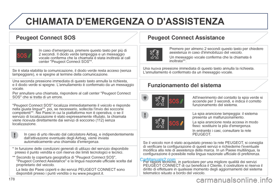 Peugeot 308 CC 2014  Manuale del proprietario (in Italian) 178
CHIAMATA DEMERGENZA O DASSISTENZA  
  In caso demergenza, premere questo tasto per più di 2 secondi. Il diodo verde lampeggia e un messaggio vocale conferma che la chiamata è stata inoltrata 