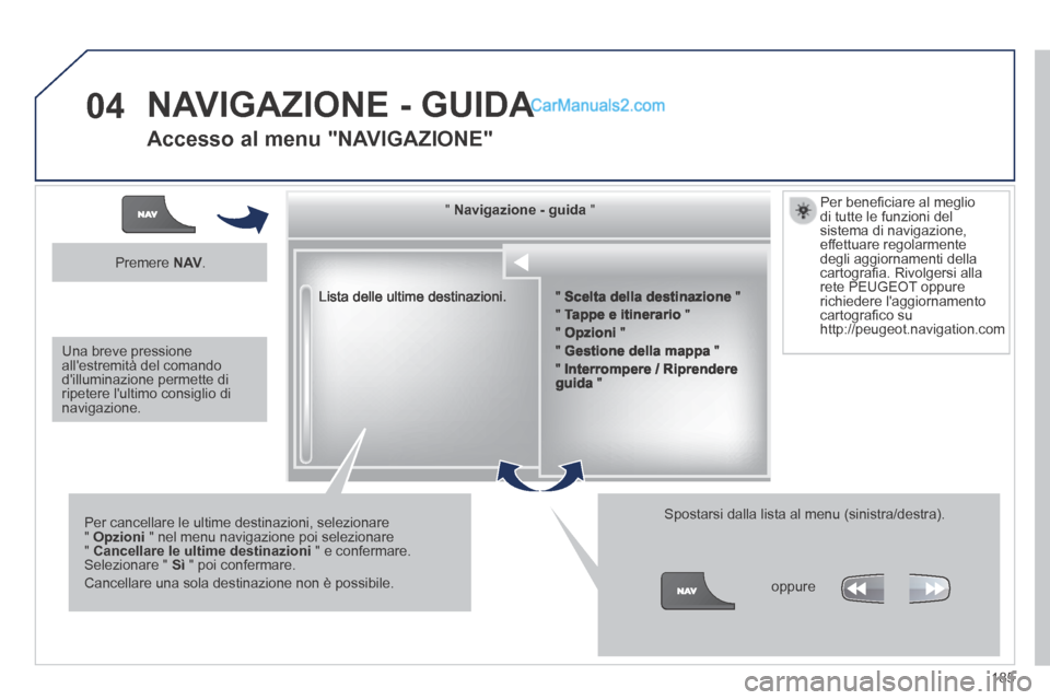 Peugeot 308 CC 2014 Manuale del proprietario (in Italian) 04
185
Lista delle ultime destinazioni.
" " " " " " " " " " " " " " " " " " " " " " " Navigazione - guida Peugeot 308 CC 2014 Manuale del proprietario (in Italian) 04
185
Lista delle ultime destinazioni.
" " " " " " " " " " " " " " " " " " " " " " " Navigazione - guida