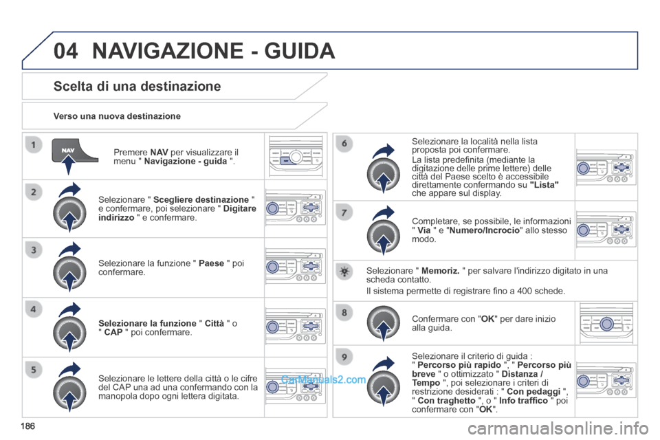 Peugeot 308 CC 2014 Manuale del proprietario (in Italian) 04
186
Premere N AV per visualizzare il menu " Navigazione - guida ".
Verso una nuova destinazione
Scelta di una destinazione
Selezionare " Scegliere destinazione " e conferma Peugeot 308 CC 2014 Manuale del proprietario (in Italian) 04
186
Premere N AV per visualizzare il menu " Navigazione - guida ".
Verso una nuova destinazione
Scelta di una destinazione
Selezionare " Scegliere destinazione " e conferma