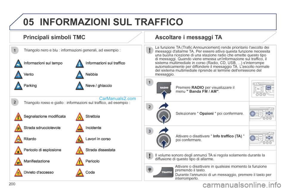 Peugeot 308 CC 2014  Manuale del proprietario (in Italian) 05
200
Principali simboli TMC 
  Triangolo rosso e giallo : informazioni sul trafﬁ co, ad esempio : 
  Triangolo nero e blu : informazioni generali, ad esempio : 
 Informazioni sul tempo 
 Segnalazi
