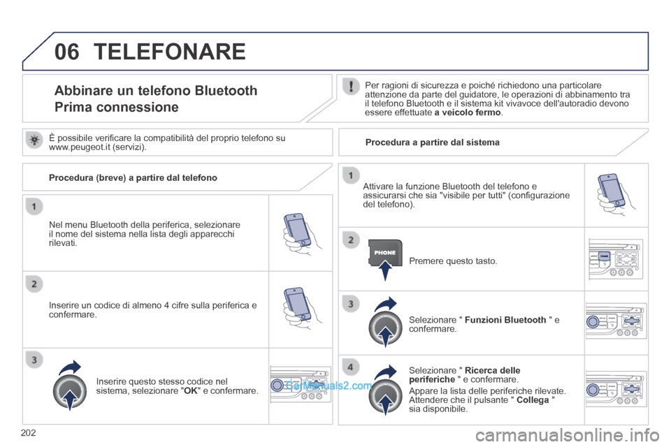 Peugeot 308 CC 2014  Manuale del proprietario (in Italian) 06
202
 TELEFONARE 
Abbinare un telefono Bluetooth  
Prima connessione 
  Per ragioni di sicurezza e poiché richiedono una particolare attenzione da parte del guidatore, le operazioni di abbinamento 