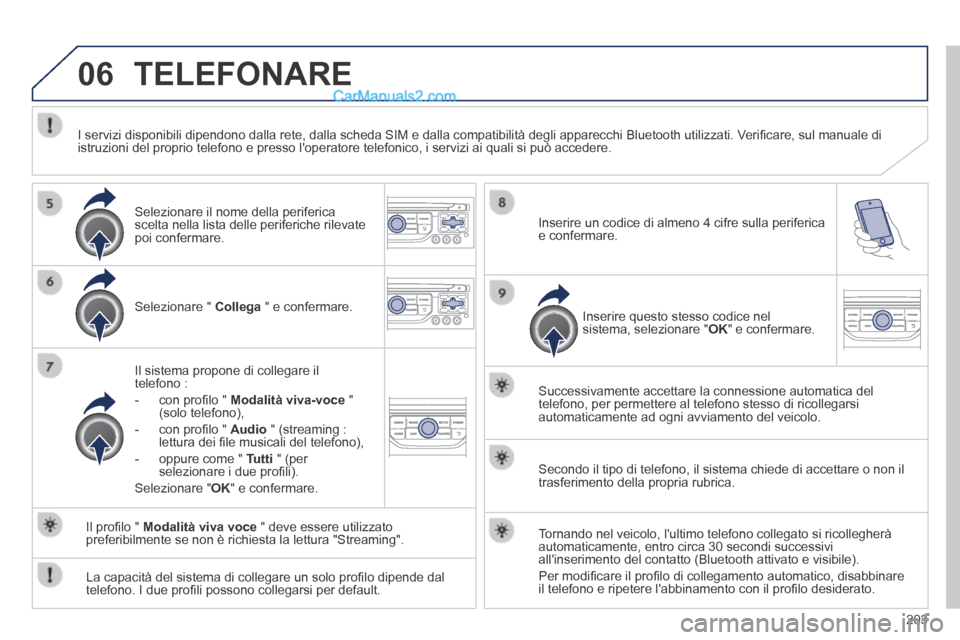 Peugeot 308 CC 2014  Manuale del proprietario (in Italian) 06
203
 TELEFONARE 
  Selezionare  "   Collega  " e confermare.  
  Il sistema propone di collegare il telefono : 
   -   con proﬁ lo "  Modalità viva-voce   " (solo telefono), 
  -   con proﬁ lo