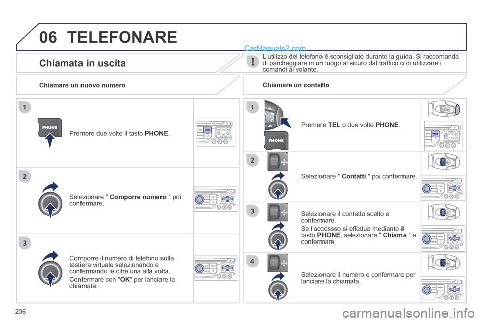Peugeot 308 CC 2014  Manuale del proprietario (in Italian) 06
206
 TELEFONARE 
  Premere due volte il tasto PHONE.  
  Selezionare  "   Comporre numero  " poi confermare.  
  Selezionare  "   Contatti  " poi confermare.  
  Comporre il numero di telefono sull