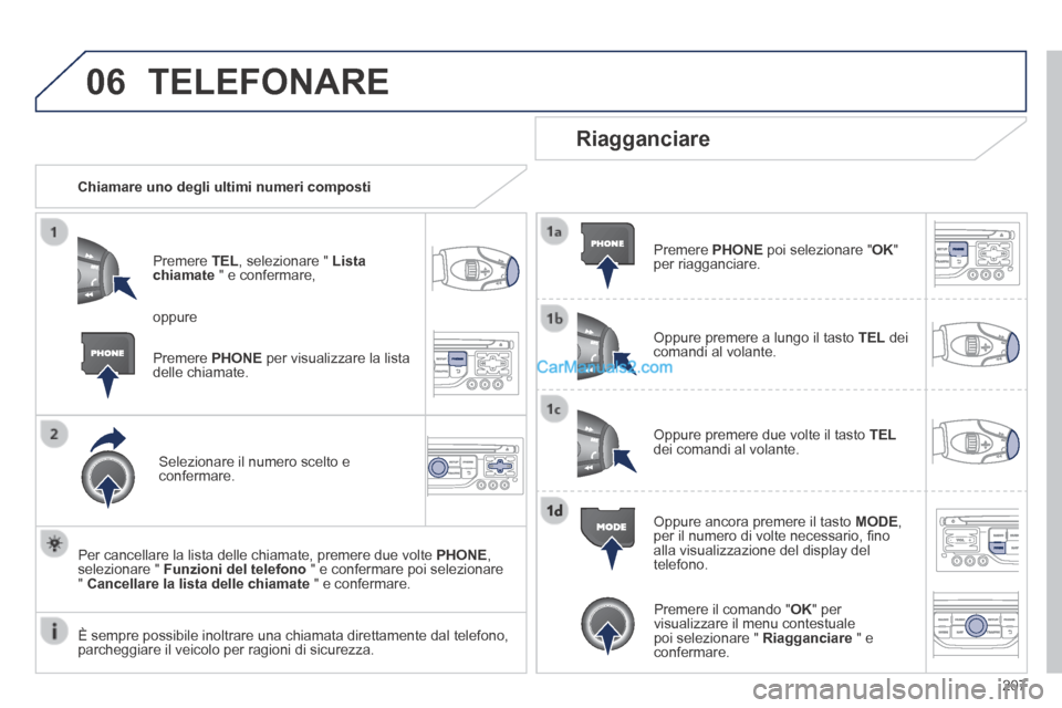 Peugeot 308 CC 2014  Manuale del proprietario (in Italian) 06
207
 TELEFONARE 
   Chiamare uno degli ultimi numeri composti  
  Premere   TEL , selezionare "  Lista chiamate  " e confermare, 
  Selezionare il numero scelto e confermare.  
  Per cancellare la 