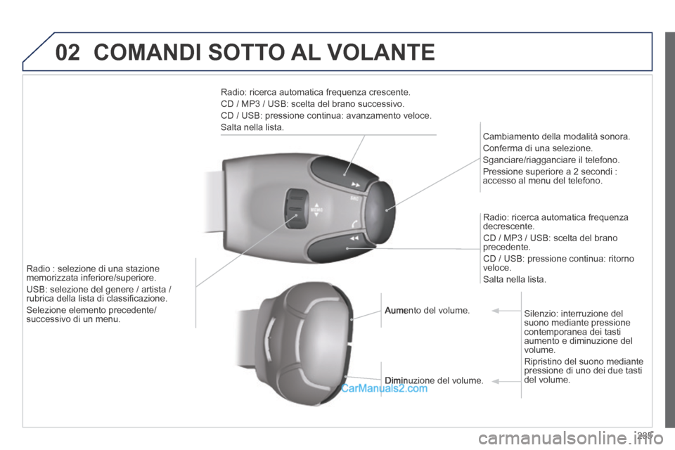 Peugeot 308 CC 2014  Manuale del proprietario (in Italian) 02
235
 COMANDI SOTTO AL VOLANTE 
  Radio: ricerca automatica frequenza crescente. 
 CD / MP3 / USB: scelta del brano successivo. 
 CD / USB: pressione continua: avanzamento veloce. 
 Salta  nella  li