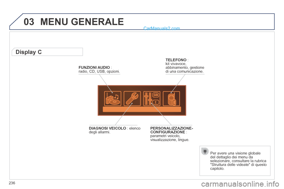 Peugeot 308 CC 2014  Manuale del proprietario (in Italian) 03
236
 MENU  GENERALE 
FUNZIONI AUDIO   : radio, CD, USB, opzioni.  
          Display C 
  Per avere una visione globale del dettaglio dei menu da selezionare, consultare la rubrica "Struttura delle