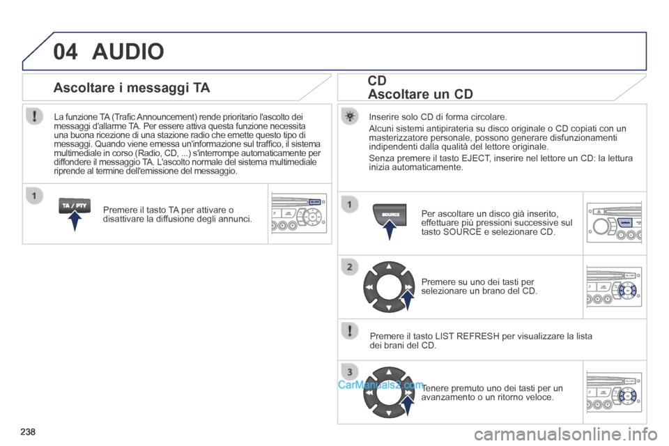 Peugeot 308 CC 2014 Manuale del proprietario (in Italian) 04
238
AUDIO
Inserire solo CD di forma circolare.
Alcuni sistemi antipirateria su disco originale o CD copiati con un masterizzatore personale, possono generare disfunzionamenti indipendenti dal Peugeot 308 CC 2014 Manuale del proprietario (in Italian) 04
238
AUDIO
Inserire solo CD di forma circolare.
Alcuni sistemi antipirateria su disco originale o CD copiati con un masterizzatore personale, possono generare disfunzionamenti indipendenti dal