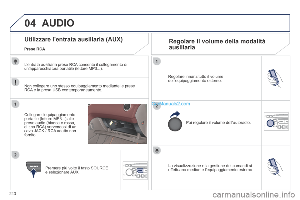 Peugeot 308 CC 2014  Manuale del proprietario (in Italian) 04
240
  La visualizzazione e la gestione dei comandi si effettuano mediante lequipaggiamento esterno.   
  Regolare innanzitutto il volume dellequipaggiamento  esterno.  
  Poi regolare il volume d