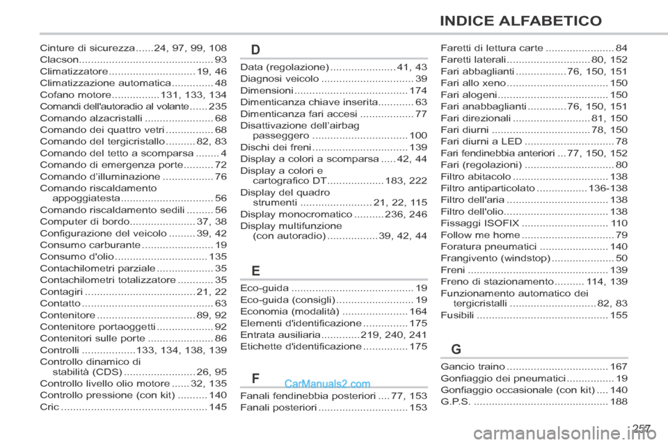 Peugeot 308 CC 2014 Manuale del proprietario (in Italian) 257
INDICE ALFABETICO
308cc_it_Chap13_index visuel et alpha_ed01-2013_CA1
Data (regolazione) ......................41, 43
Diagnosi veicolo ...............................39
Dimensioni ................ Peugeot 308 CC 2014 Manuale del proprietario (in Italian) 257
INDICE ALFABETICO
308cc_it_Chap13_index visuel et alpha_ed01-2013_CA1
Data (regolazione) ......................41, 43
Diagnosi veicolo ...............................39
Dimensioni ................
