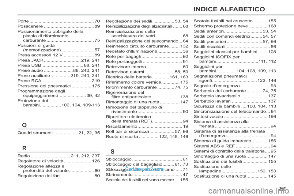 Peugeot 308 CC 2014 Manuale del proprietario (in Italian) 259
INDICE ALFABETICO
308cc_it_Chap13_index visuel et alpha_ed01-2013_CA1
Quadri strumenti ...................21, 22, 35
Porte .................................................70
Posacenere .......... Peugeot 308 CC 2014 Manuale del proprietario (in Italian) 259
INDICE ALFABETICO
308cc_it_Chap13_index visuel et alpha_ed01-2013_CA1
Quadri strumenti ...................21, 22, 35
Porte .................................................70
Posacenere ..........