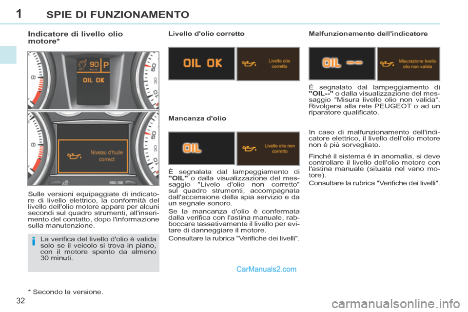 Peugeot 308 CC 2014  Manuale del proprietario (in Italian) 1
i
32
SPIE DI FUNZIONAMENTO
  La veriﬁ ca del livello dolio è valida 
solo se il veicolo si trova in piano, 
con il motore spento da almeno 
30  minuti.  
               Indicatore di livello oli