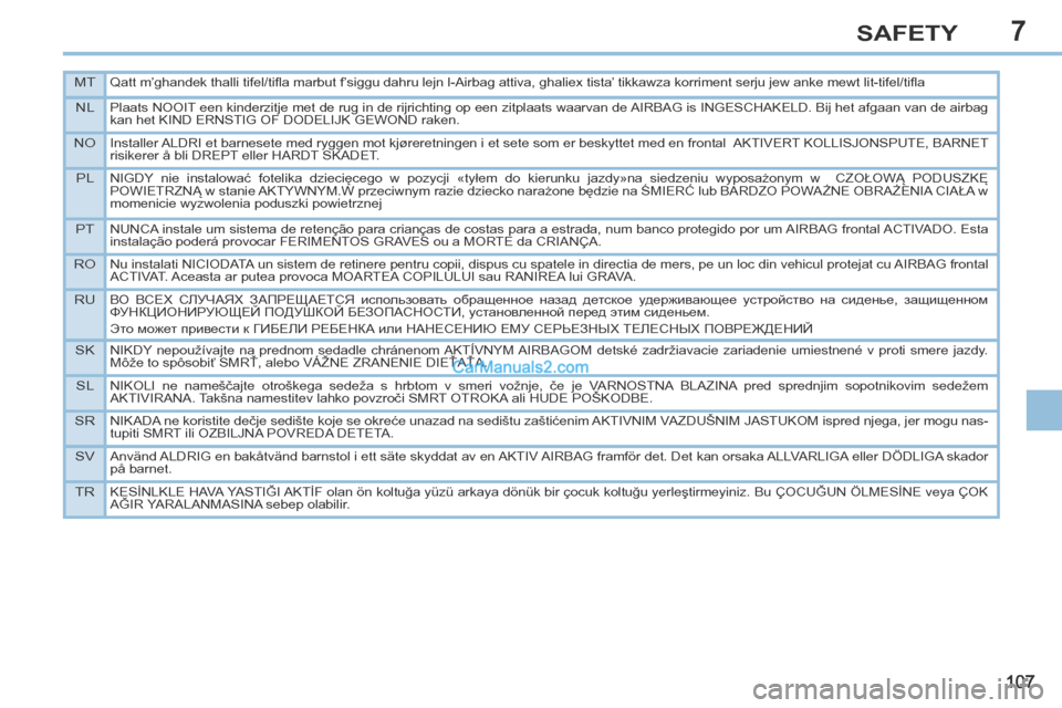 Peugeot 308 CC 2013.5 Owners Manual - RHD (UK. Australia) 7
MTQatt m’ghandek thalli tifel/tifl a marbut f’siggu dahru lejn l-Airbag attiva, ghaliex tista’ tikkawza korriment serju jew anke mewt lit-tifel/tifl a
NLPlaats NOOIT een kinderzitje met de r Peugeot 308 CC 2013.5 Owners Manual - RHD (UK. Australia) 7
MTQatt m’ghandek thalli tifel/tifl a marbut f’siggu dahru lejn l-Airbag attiva, ghaliex tista’ tikkawza korriment serju jew anke mewt lit-tifel/tifl a
NLPlaats NOOIT een kinderzitje met de r