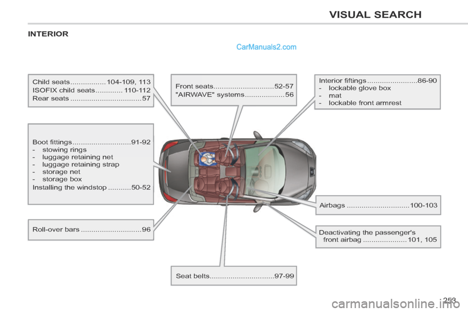 Peugeot 308 CC 2013.5  Owners Manual - RHD (UK. Australia) 253
VISUAL SEARCH
 INTERIOR  
  Boot  fittings ............................91-92 
   -   stowing  rings 
  -   luggage  retaining  net 
  -   luggage  retaining  strap 
  -   storage  net 
  -   stora
