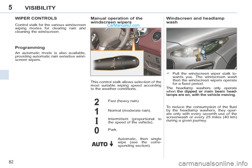 Peugeot 308 CC 2013.5 Owners Manual - RHD (UK. Australia) 5
82
VISIBILITY
WIPER CONTROLS
Control stalk for the various windscreen
wiping modes for clearing rain and
cleaning the windscreen.
Manual operation of the
windscreen wipers
Fast (heavy rain Peugeot 308 CC 2013.5 Owners Manual - RHD (UK. Australia) 5
82
VISIBILITY
WIPER CONTROLS
Control stalk for the various windscreen
wiping modes for clearing rain and
cleaning the windscreen.
Manual operation of the
windscreen wipers
Fast (heavy rain
