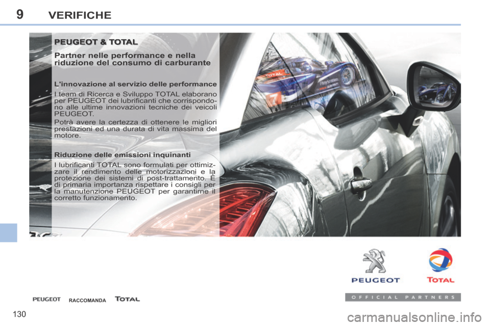 Peugeot 308 CC 2013.5  Manuale del proprietario (in Italian) 9
130
VERIFICHE
 PEUGEOT & TOTAL  PEUGEOT & TOTAL 
  Partner nelle performance e nella 
riduzione del consumo di carburante 
  Linnovazione al servizio delle performance 
 I team di Ricerca e Svilupp