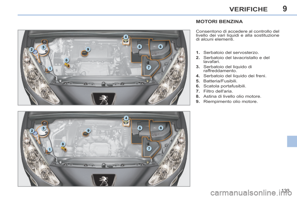 Peugeot 308 CC 2013.5  Manuale del proprietario (in Italian) 9
133
VERIFICHE
MOTORI BENZINA 
 Consentono di accedere al controllo del 
livello dei vari liquidi e alla sostituzione 
di alcuni elementi. 
   1.   Serbatoio del servosterzo. 
  2.   Serbatoio del la