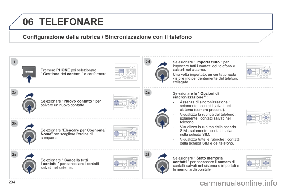 Peugeot 308 CC 2013.5  Manuale del proprietario (in Italian) 06
204
 TELEFONARE 
  Configurazione della rubrica / Sincronizzazione con il telefono 
  Premere   PHONE  poi selezionare "  Gestione dei contatti  " e confermare.  
  Selezionare  "   Nuovo contatto 