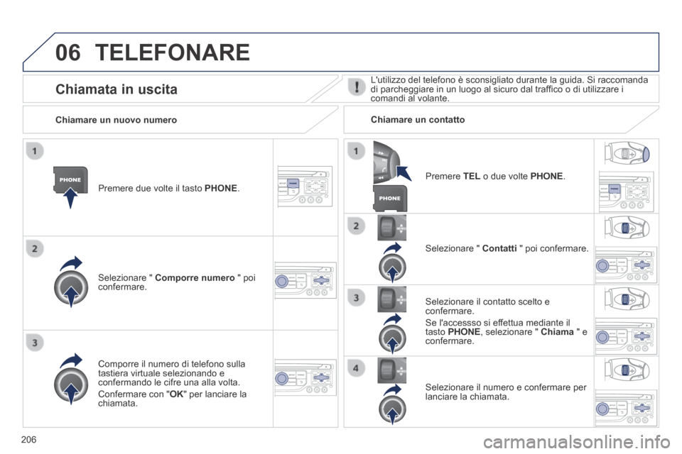 Peugeot 308 CC 2013.5  Manuale del proprietario (in Italian) 06
206
 TELEFONARE 
  Premere due volte il tasto PHONE.  
  Selezionare  "   Comporre numero  " poi confermare.  
  Selezionare  "   Contatti  " poi confermare.  
  Comporre il numero di telefono sull