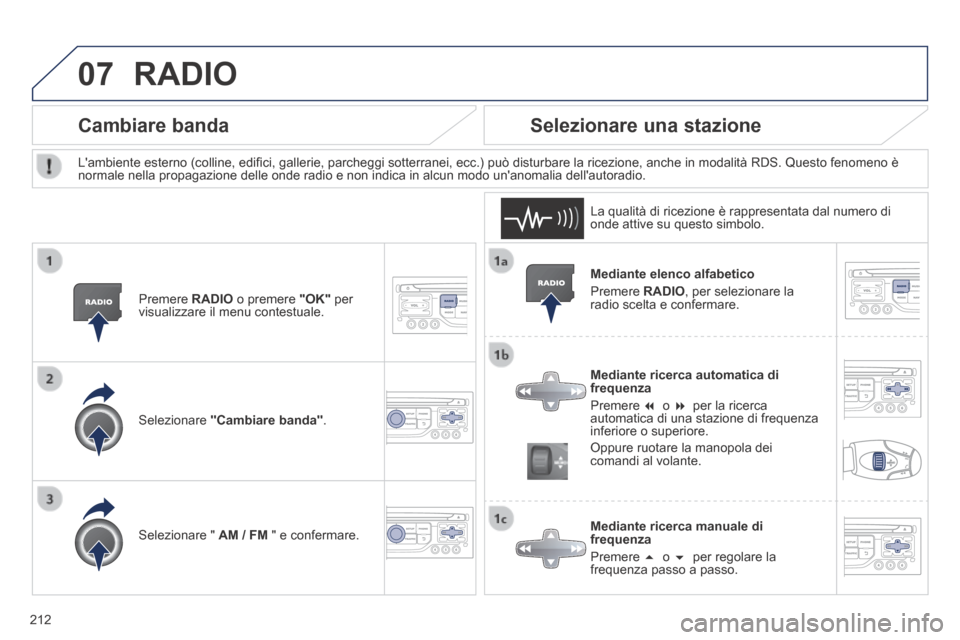 Peugeot 308 CC 2013.5  Manuale del proprietario (in Italian) 07
212
  Mediante  elenco  alfabetico 
 Premere   RADIO , per selezionare la radio scelta e confermare.  
  Mediante ricerca automatica di frequenza 
 Premere       o       per la ricerca automa