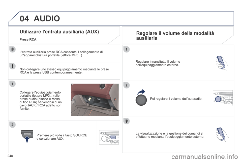 Peugeot 308 CC 2013.5  Manuale del proprietario (in Italian) 04
240
  La visualizzazione e la gestione dei comandi si effettuano mediante lequipaggiamento esterno.   
  Regolare innanzitutto il volume dellequipaggiamento  esterno.  
  Poi regolare il volume d