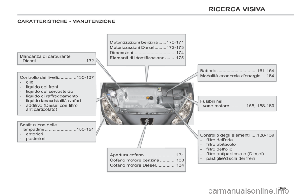 Peugeot 308 CC 2013.5  Manuale del proprietario (in Italian) 255
RICERCA VISIVA
308cc_it_Chap13_index visuel et alpha_ed01-2013_CA1
 CARATTERISTICHE  -  MANUTENZIONE  
  Mancanza  di  carburante Diesel ..................................... 132  
  Controllo  de